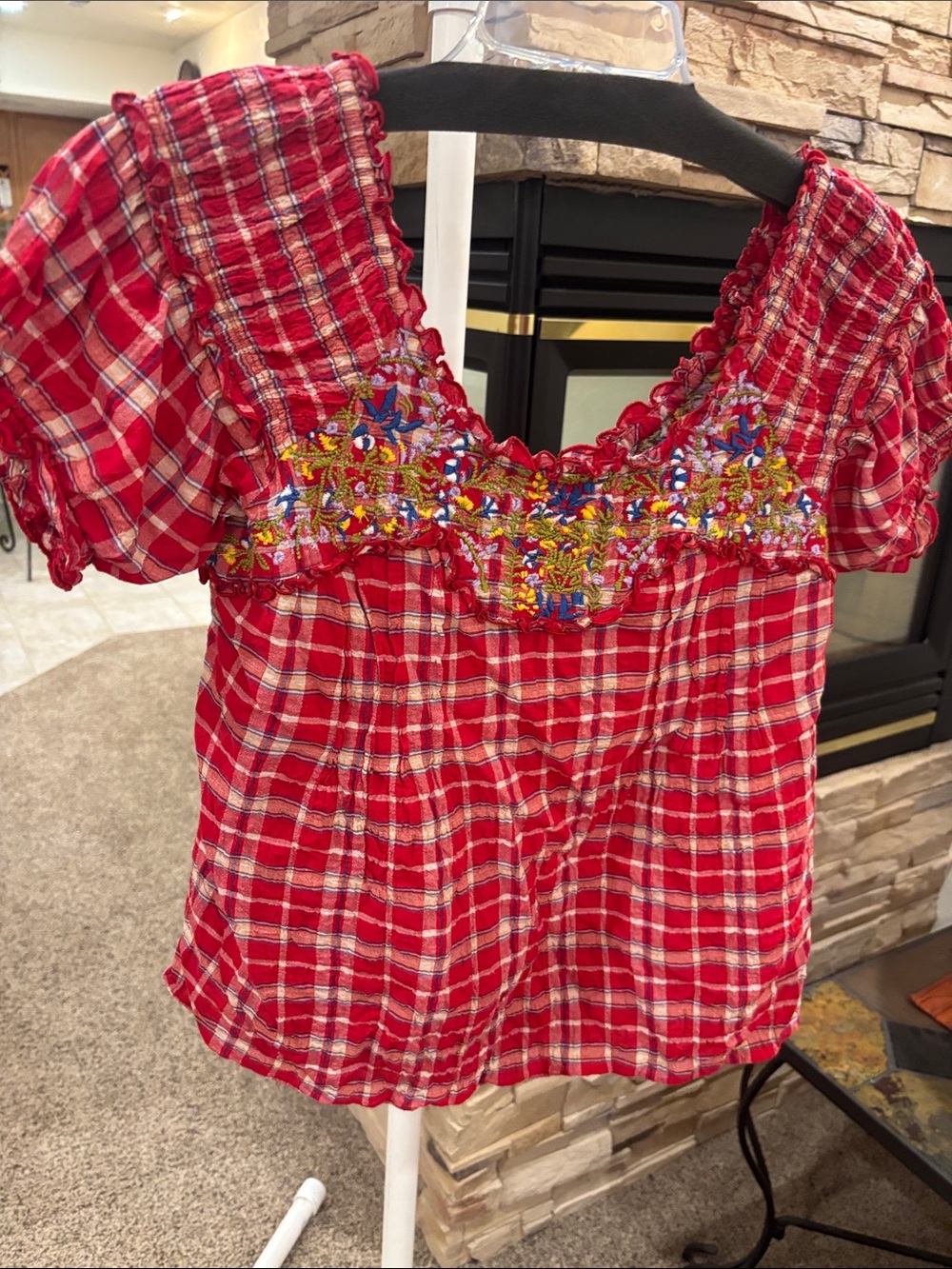 Free People Red Plaid Embroidered Smocked Top